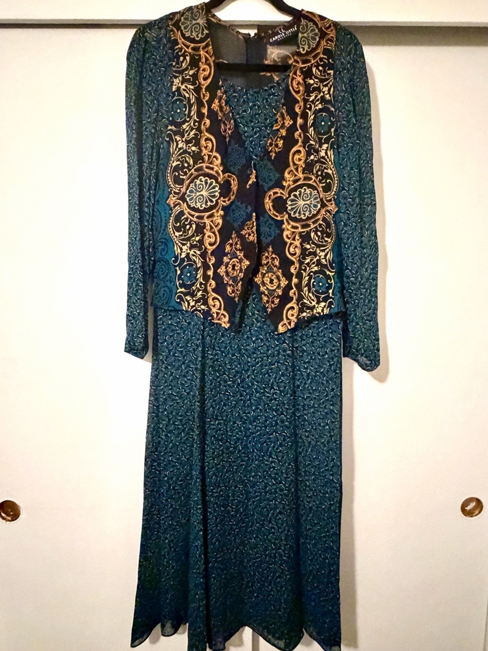 Vintage Carole Little Teal Long Sleeve Dress with Ornate Black & Gold Vest